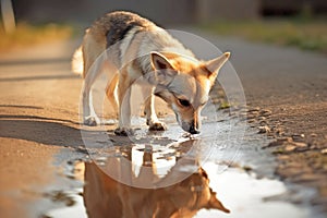 Dog drinking out of water puddle. Concept for Leptospirosis bacteria danger. Generative ai