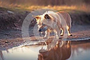 Dog drinking out of water puddle. Concept for Leptospirosis bacteria danger. Generative ai