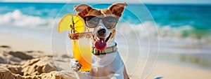 A dog drinks a cocktail on the beach wearing sunglasses. Selective focus.