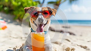 A dog drinks a cocktail on the beach wearing sunglasses. Selective focus.