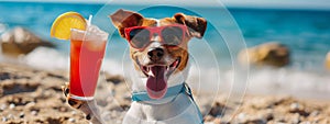 A dog drinks a cocktail on the beach wearing sunglasses. Selective focus.