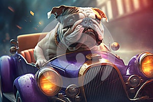 dog driving car on colorful background