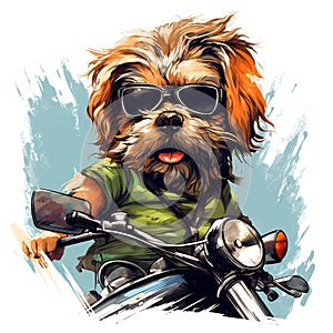 Dog driving a motorcycle in the summer Generative AI