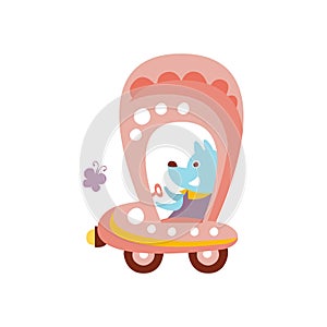 Dog Driving Pink Car Stylized Fantastic Illustration