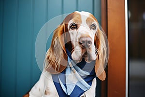 dog with droopy ears wearing a blue scarf sitting by a closed office door