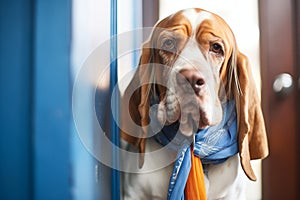 dog with droopy ears wearing a blue scarf sitting by a closed office door