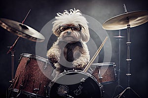 a dog drummer in a rock star band, with a drum set and all.