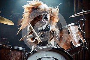 a dog drummer in a rock star band, with a drum set and all.