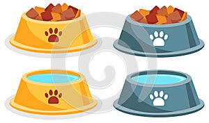 Dog dry food bowl. Bone crisps. Yellow and gray pet bowl with dry food. Dry dog food bowl.