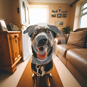 Dog eagerly anticipates dog walk with owner, sitting at front door