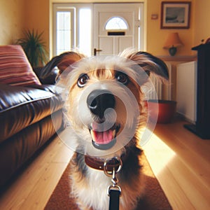 Dog eagerly anticipates dog walk with owner, sitting at front door