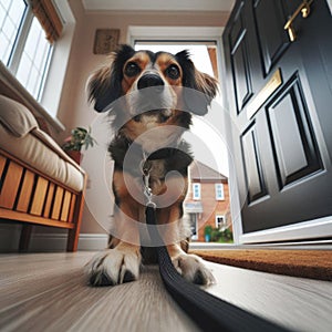 Dog eagerly anticipates dog walk with owner, sitting at front door