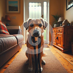 Dog eagerly anticipates dog walk with owner, sitting at front door