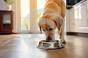 Dog eating food from metal bowl at light kitchen. Labrador with dogs food