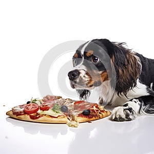 a dog eating pizza