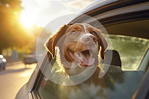 Dog enjoying car ride with head out of window during sunset