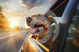 Dog enjoying car ride with head out of window during sunset