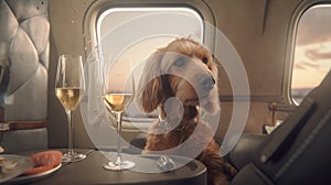 Dog Enjoying Private Jet With Glass Of Champagne