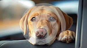 Dog enjoying from traveling by car. Labrador retriever looking through window on road.