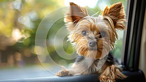 Dog enjoying from traveling by car. Yorkshire terrier looking through window on road.
