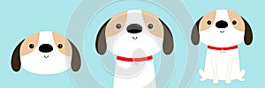 Dog face, body, sitting puppy icon set. Red collar. White pooch. Cute cartoon kawaii funny baby character. Flat design style. Help