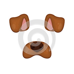 Dog face elements. Vector illustration. Animal character ears and nose. For selfie photo decoration. Cartoon brown Dog mask. Isola