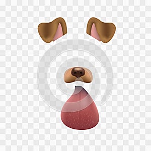 Dog face mask for video chat isolated on checkered background. Animal character ears and nose. 3d filter effect for