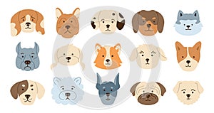 Dog faces emotion cartoon character set cute puppy muzzle doodle smiling funny childish sticker