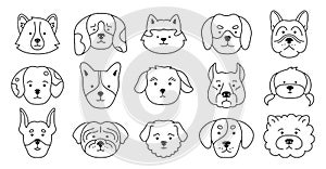 Dog faces emotion doodle outline character set puppy muzzle linear icon smiling funny contour doggy