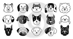 Dog faces emotion sketch doodle character set puppy muzzle stamp icon funny childish doggy pet press