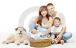 Dog and Family, Children Father Mother Pet, White
