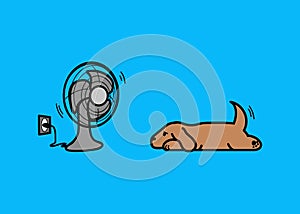 Dog with fan cartoon character on blue background