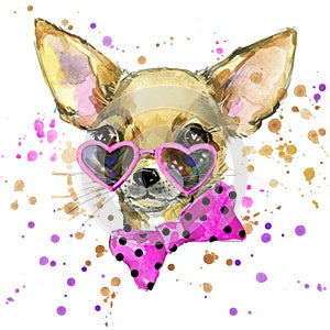 Dog fashion T-shirt graphics. dog illustration with splash watercolor textured background. unusual illustration watercolor puppy