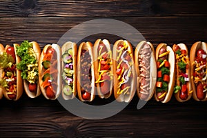dog fast sauce hot sausage american meat snack food bread background. Generative AI.