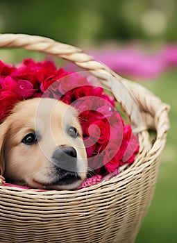 Dog in a flower basket