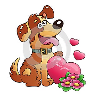 Dog with flowers and heart isolated on white background. Greeting card. Birthday. Valentine`s day. For kids