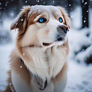 A dog with fluffy fur and expressive blue eyes.The ears are lowered down.
