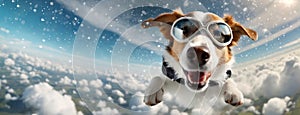 Dog Flying Through Snowy Sky with Goggles. Dog wearing goggles appears to fly through a snowy sky, with snowflakes and