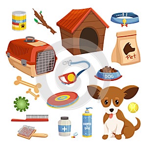 Dog food, accessories, toys set. Puppy, pet grooming, caring, keeping products.