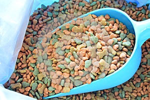 Dog food on blue scoop in sack bag