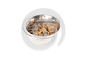 Dog food, dry pet feed, pet treats in bowl isolated on white background