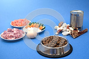 Dog food includes dry pellets, treats and canned foods along with a natural diet of fresh meat, fish, rice and vegetables. choice