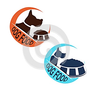 Dog food label with silhouette of a dog and a bowl of feed. Circular blue and orange dog food symbols on white background for pro