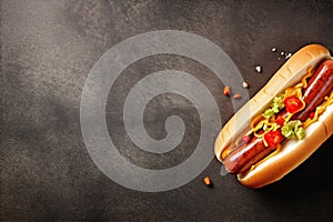 dog food meat hot sausage fast onion american bread sauce background. Generative AI.