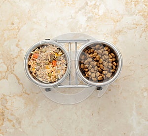 dog food in a metal bowl. dog food and dry food