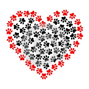 Dog footprints in heart shape illustration. Vector bright heart with dog paw prints symbol. Heart shaped frame made of animal`s