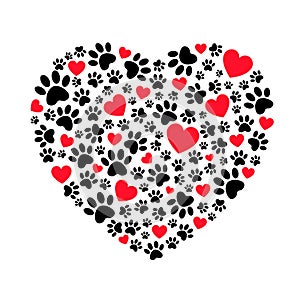 Dog footprints in heart shape illustration. Vector bright heart with dog paw prints symbol. Heart shaped frame made of animal`s