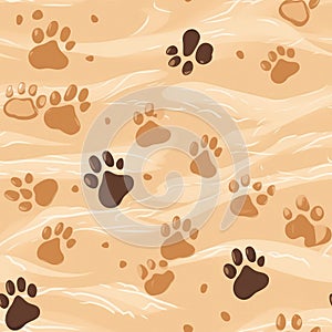 Dog Footprints In The Sand. Seamless Background. Generative AI