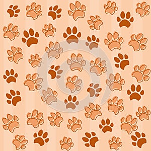 Dog footprints seamless pattern. Brown paws. Stripes in the background.