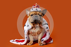 Dog french bulldog in king costume on bright orange isolated background photo